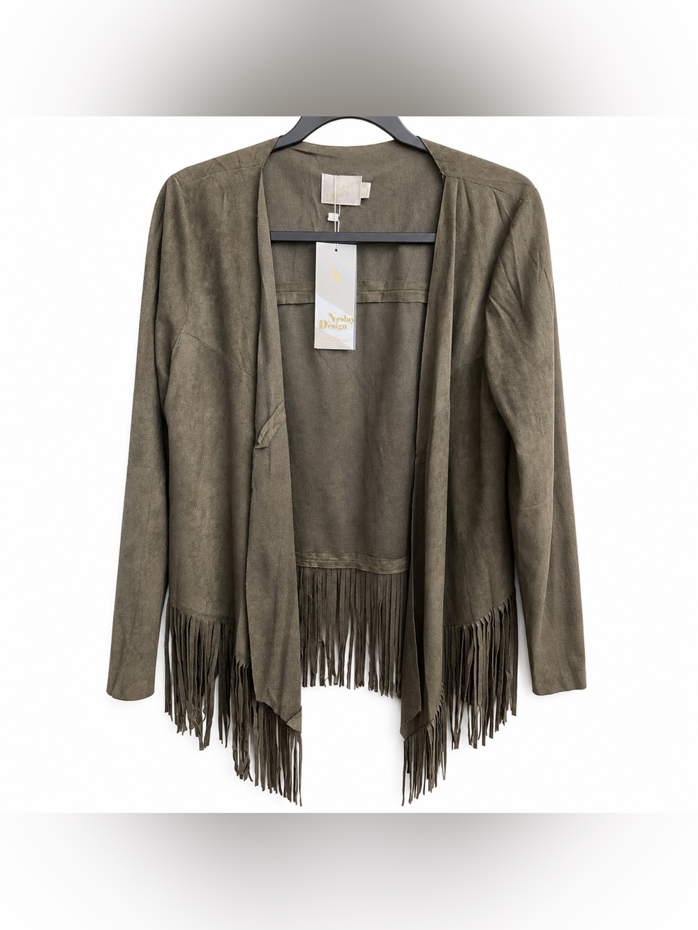 Neslay Design M/L Olive Gray Faux Suede Fringe Open Front Jacket NWT